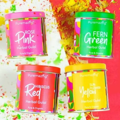 Puremazing Herbal Gulal Holi Colour with Natural Food Ingredients and Flower Petals | Pack of 4 Colours - Pink, Red, Yellow, Green Herbal Colour (80gm x 4) | Non Toxic Colors | Skin Friendly | Wa