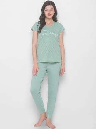 Women Green & White Printed Pure Cotton Night suit