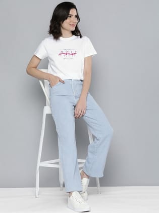 Women White & Pink Printed Pure Cotton T-shirt-S
