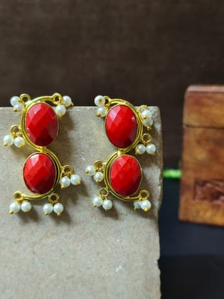 Gold-Plated Earrings with Monalisa Stones and Hanging Pearls | Sarichka-Red
