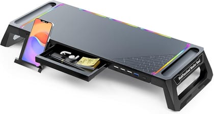iBall ICEPAD PC30 RGB Monitor Stand for Desk with USB 3.0 & 2.0 Hub, Foldable Computer Screen Riser with Storage Drawer and Phone Holder