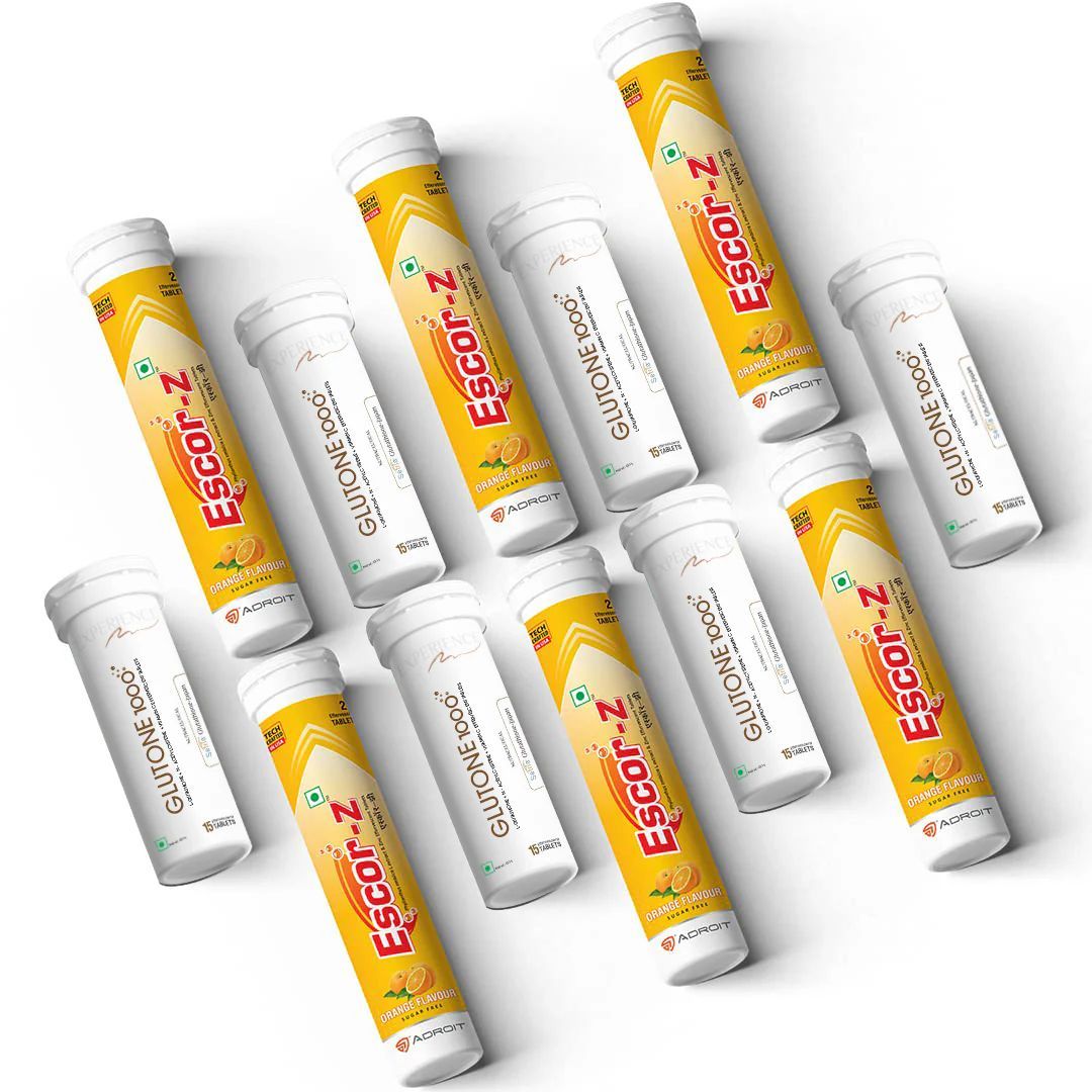 Glutone 1000 & Escor-Z Combo Pack| Setria L-Glutathione, Vitamin C Effervescent Tablets| Healthy Skin| 15 (6) + 20 (6) Tablets (Orange Flavour)