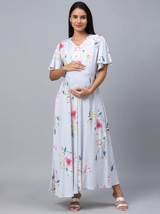 Blue & Pink Floral Maternity A-Line Dress