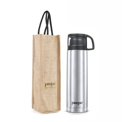 Pexpo 1000 ml Stainless Steel 24 Hours Hot and Cold Water Bottle with Drinking Cup Lid & Jute-Bag, Flask (Silver, Fererro)