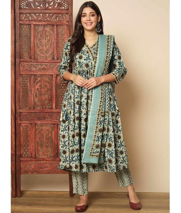 Vbuyz Cotton Printed Kurti With Pants Womens Stitched Salwar Suit - Teal ( Pack of 1 ) - None