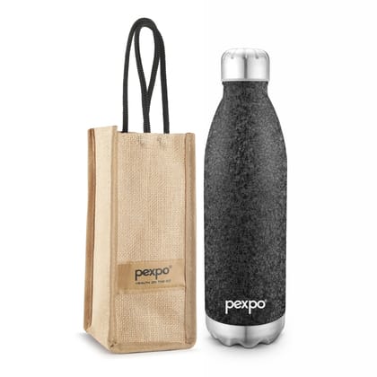 Pexpo Stainless Steel Hot and Cold Vacuum Insulated Flask with Jute Bag, 1.8L, Black, Electro | Lightweight & Keeps Drinks Hot/Cold for 24+ Hours