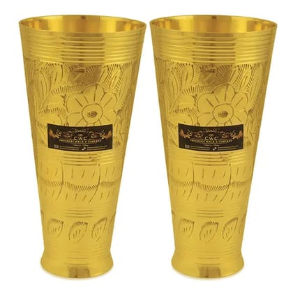 Pure Brass Punjabi Flower Embossed Lassi Glass Tumbler Set