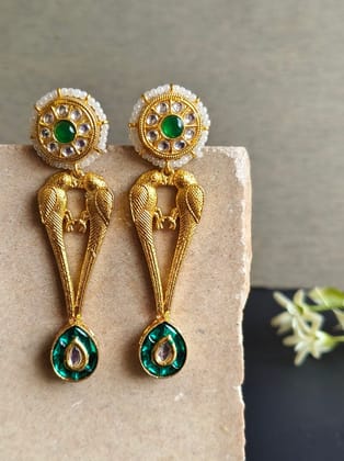 Golden Kundan Peacock Dangler Earrings with Vibrant Kundan Stones | Sarichka-Green