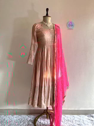 Peach Mirror Embroidered Tissue Georgette Anarkali with Dupatta-XS