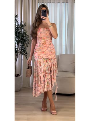 Tie Dye / Floral Print Tube Frill Dress-S / PINK