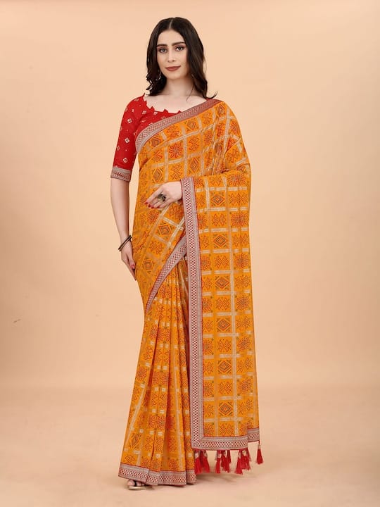 Bandhani Printed Zari Tussar Saree