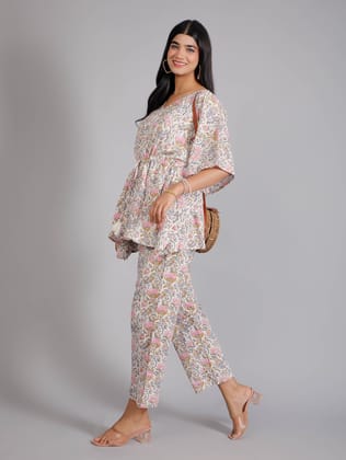 Floral Pink Print on White Cotton Kaftan Top Pant Set-S
