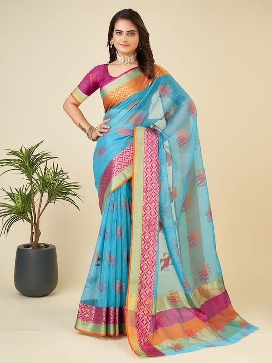 Geometric Woven Design Zari Detailed Chanderi Saree