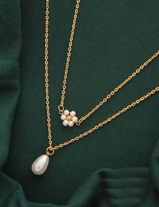 ALL IN ONE Double-strand pearl necklace with a satari chain and flower pendant Diamond Gold-plated Plated Alloy Necklace