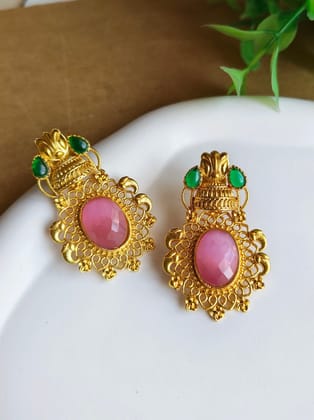 Gold-Plated Dangler Earrings with Jade & Monalisa Stones | Sarichka-Pink+Green