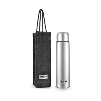 Pexpo Stainless Steel 24 Hours Hot & Cold Water Bottle/Flask with Jute Bag, 750ml, Silver, Flexo | Durable & Odorless