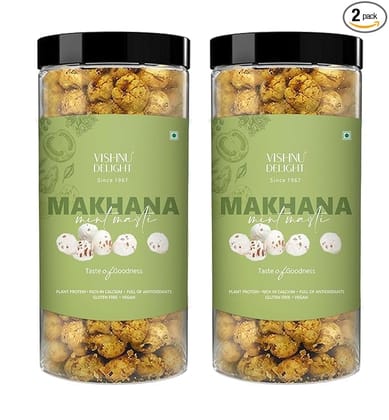Vishnu Delight Roasted Organic Makhana, Mint Masti Flavor, 2 Packs of 90g Each - Refreshing, Cooling, and Deliciously Addictive Fox Nut Snacks with a Hint of Minty Freshness