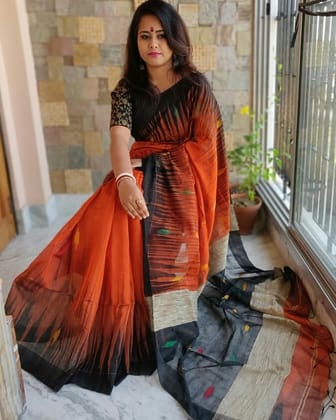 ORANGE AND BLACK VARIATION LINEN DIGITAL PRINTED SAREE 1516