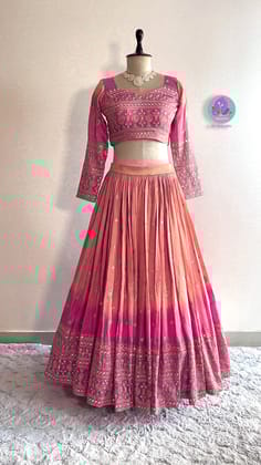 Peach & Pink mirror embroidered tissue georgette lehenga without Dupatta-XS