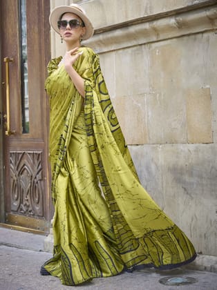 Green Satin Crepe Printed Saree