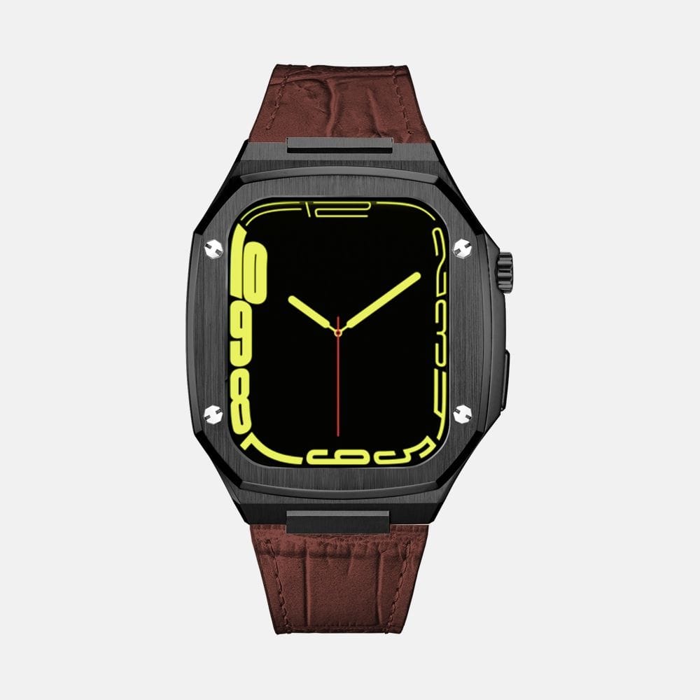 45MM Black Luxury Edition iWatch Case: Leather Strap-Brown Leather