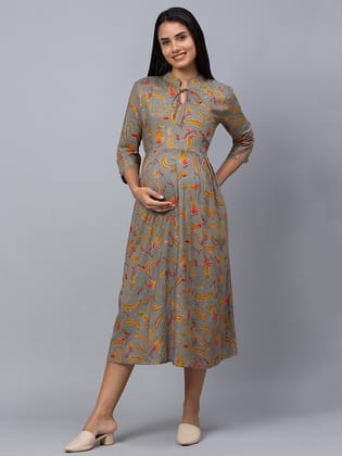 Grey & Mustard Yellow Floral Maternity A-Line Midi Dress