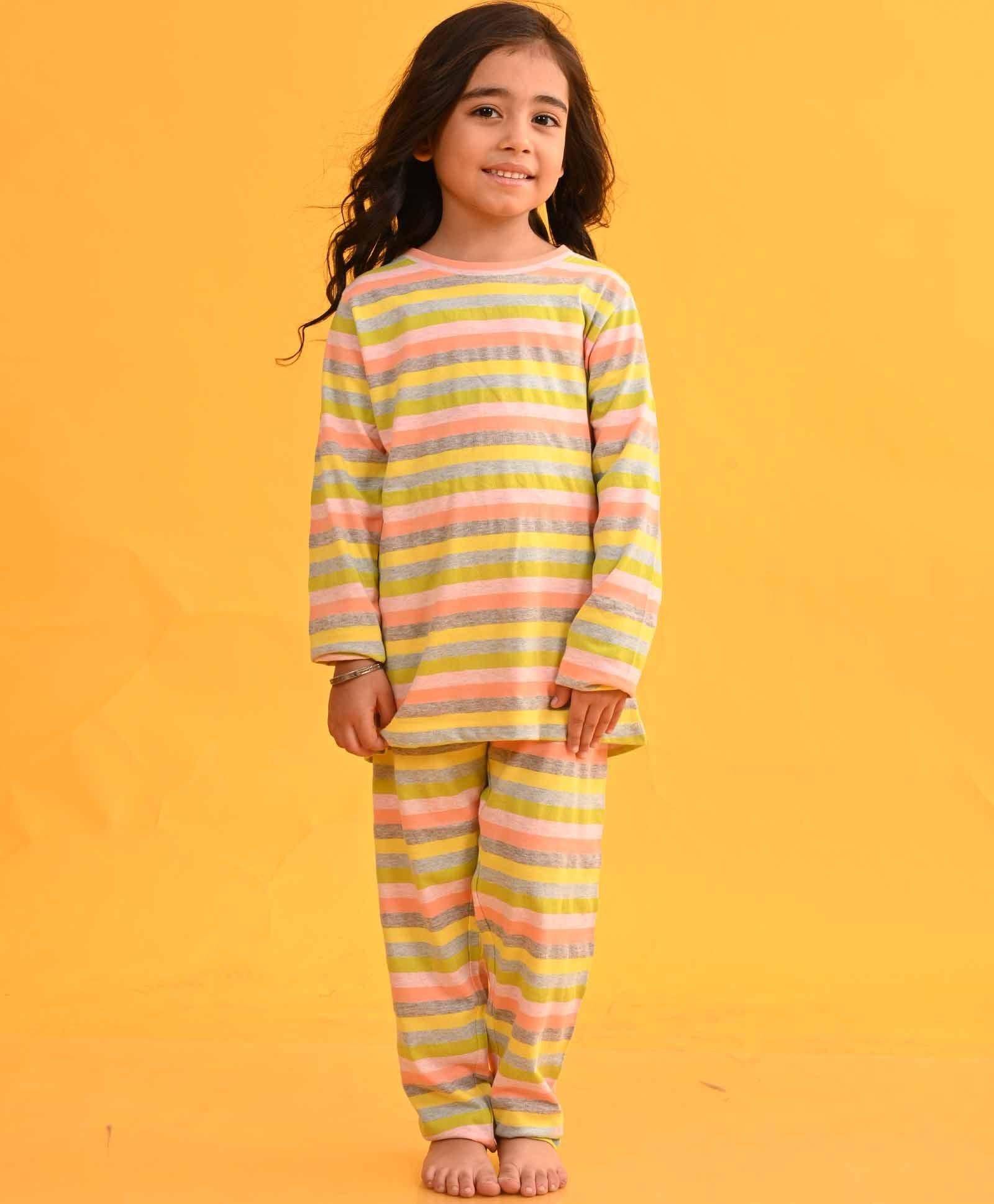 SKY YELLOW LIME PINK STRIPED LONG SLEEVES GIRLS PYJAMA SET-0-6 MONTHS / 2N / MULTI