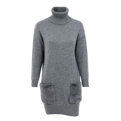 Elegant Turtleneck Women Knitted Dress-Gray / One Size