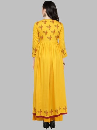 Women Mustard Yellow Block Print Anarkali Kurta