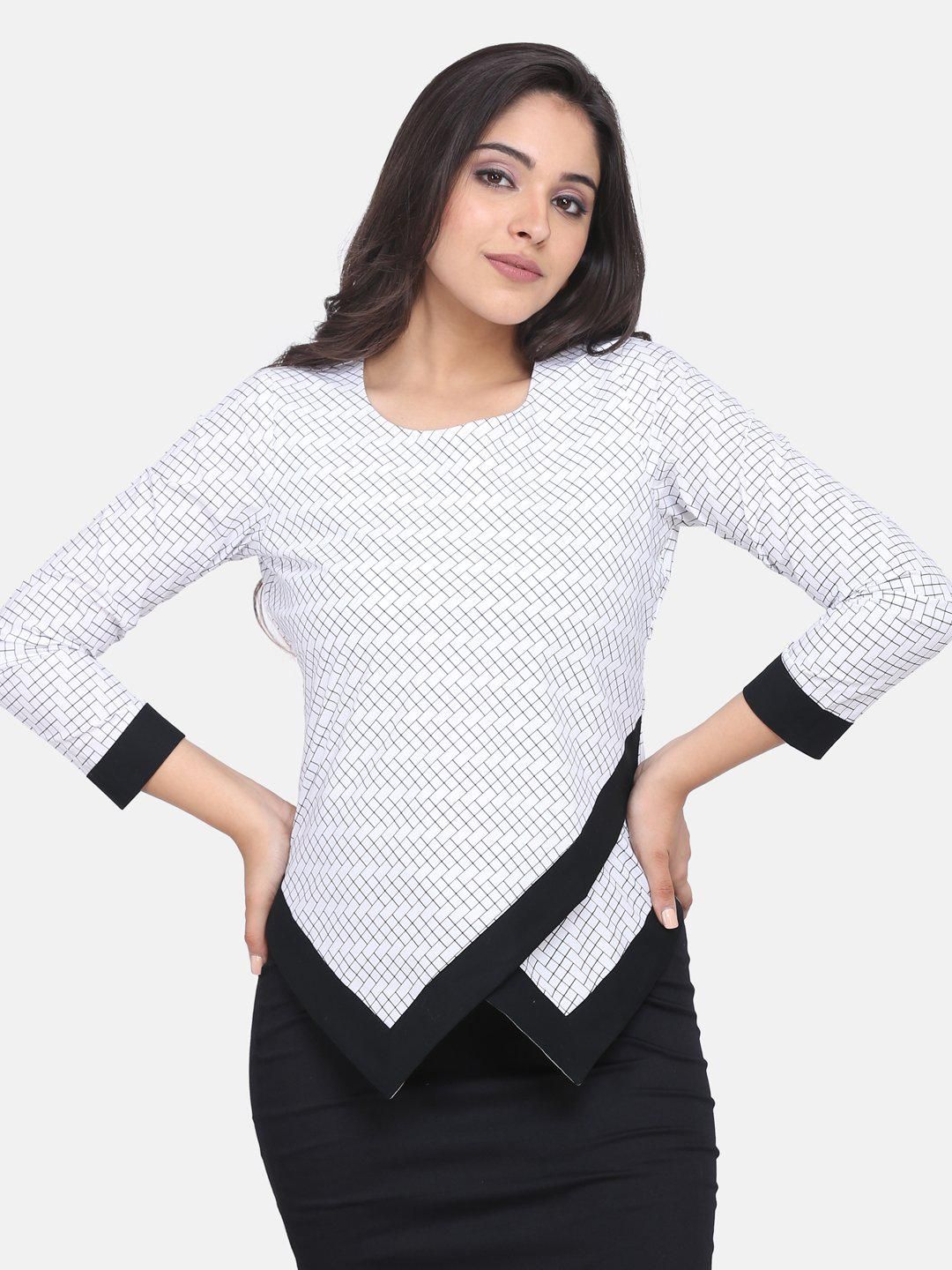 Geometric Pattern Patch Detail Cotton Top - White-S
