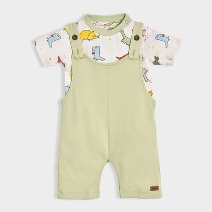 Dinomite Printed White T-shirt & Green Dungaree Set-0 M / Green