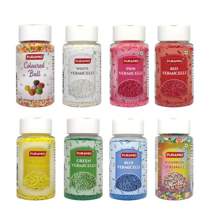 Puramio Combo Pack Vermicelli Sprinkles For Cake Decoration (Coloured Balls, White, Yellow, Rainbow, Pink, Red, Green & Blue) 100 gm Each - Pack of 6