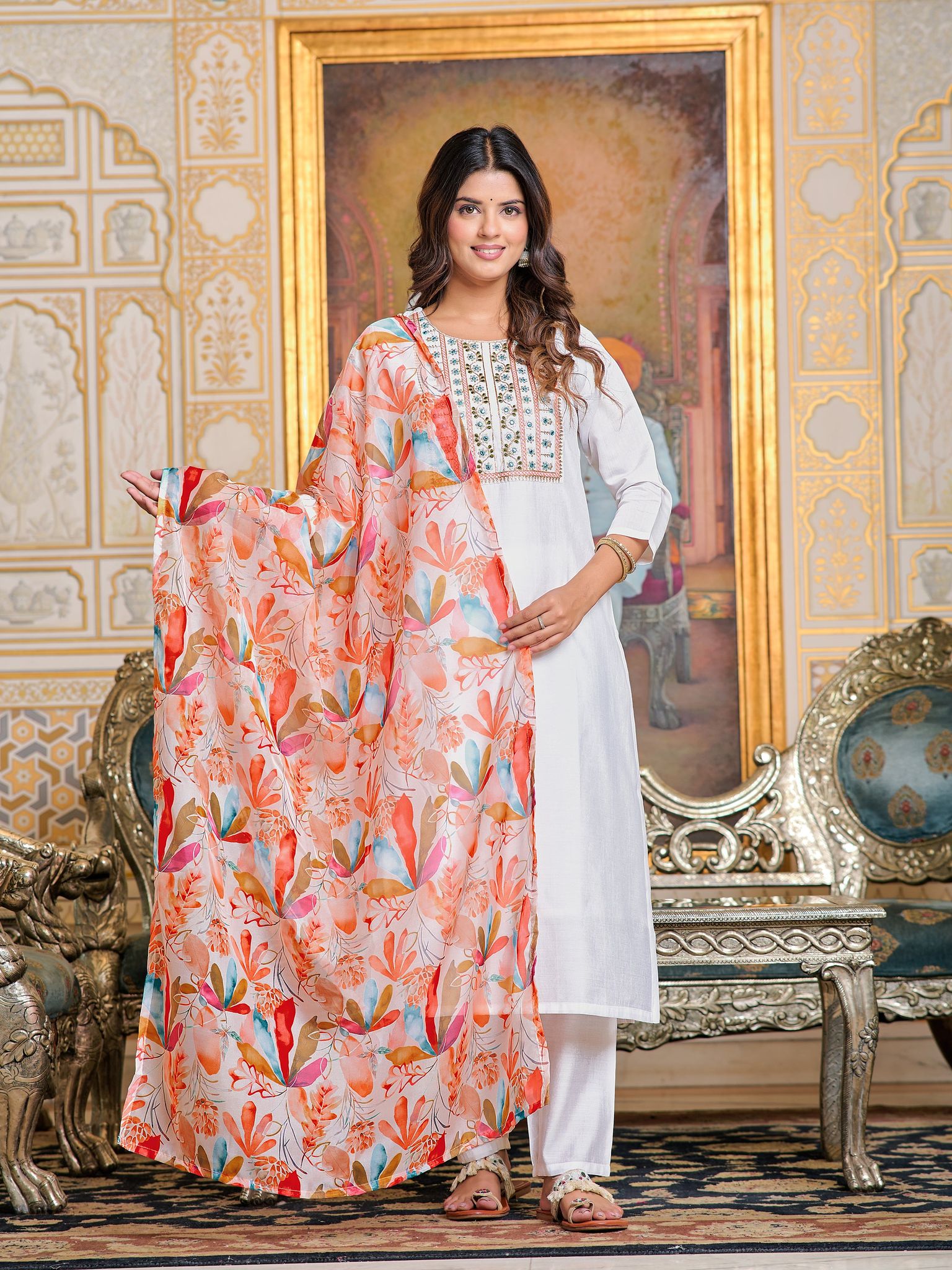 WHITE COTTON EMBROIDERY WORK KURTI PANT WITH FANCY DUPATTA-S