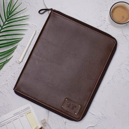 PERSONALISED ZIPPERED OFFICE FOLDER - BROWN-Brown