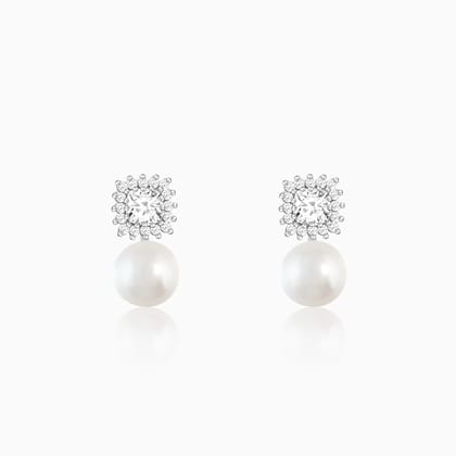 Silver Studded Drop Pearl Stud Earrings