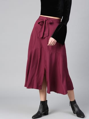 Women Burgundy Solid Midi A-Line Skirt