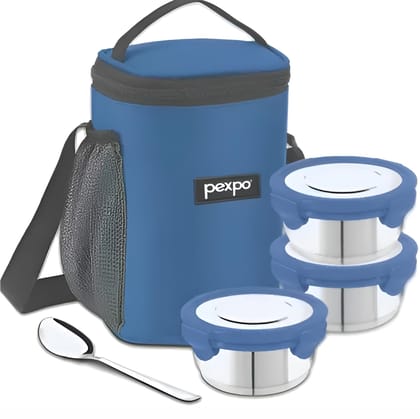 PEXPO Stainless Steel Lunch Box with 3 Air-Tight Containers, 1 Spoon & Bag, Click Meal | Portable & Durable