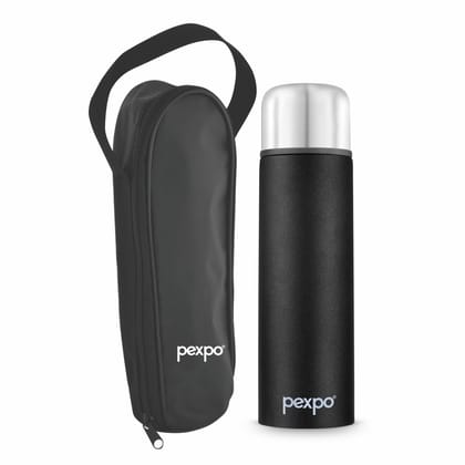 Pexpo Stainless Steel Thermosteel Insulated Flask with Zipper Bag | 1000ml, Knight Black, Flip Pro | Odorless & Keeps Drinks Hot/Cold for 18+ Hours