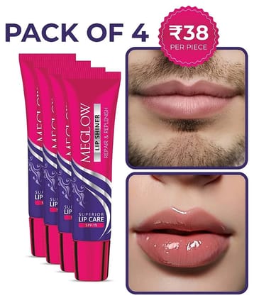 Meglow Lip Shiner with Nourishment of Vitamin E, Almond Oil and Jojoba Oil 15g ( Pack of 4 )