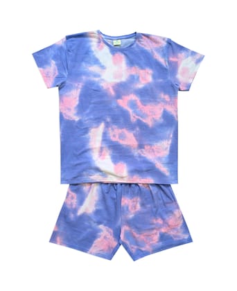 Summer Vibes: Chic Purple, Pink Tie-Dye Women's Co-Ord Top T-Shirt & Shorts Set 100% Hosiery Cotton size L