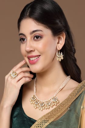 Cream & Gold Drop Earring with Kundan &  Pearls-Length of Earring= 4 CM; Width of Earring =5 CM; Adjustable - No / Cream, Gold, White