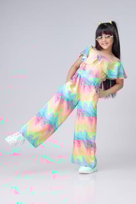 Abstract Tie And Dye Off Shoulder Jumpsuit For Girls-1 Year / Blush Pink / KJP006-DPMC0048-[65%]-2  MTR-NIL-NIL-EL0010/EL005-8 INCH/21 INCH-THR03-NIL-ZPH03-NIL-NIL-NIL-NIL