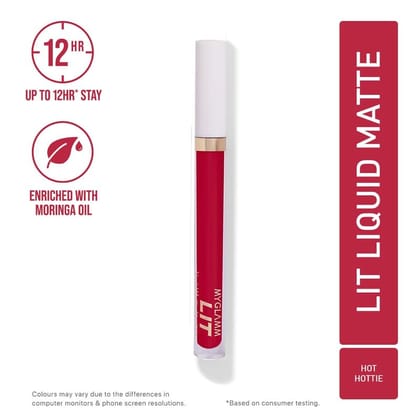 MyGlamm LIT Liquid Matte Lipstick - Hot Hottie (Deep Apple Red Shade) | Smudge-proof, Transfer-proof & 12Hr Stay Long Lasting Lipstick (3ml)Hot Hottie