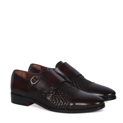 Double Monk Leather Shoe in Dark Brown Leather Dual Shade Woven Detailed Vamp to Quarter By Brune & Bareskin-40/6