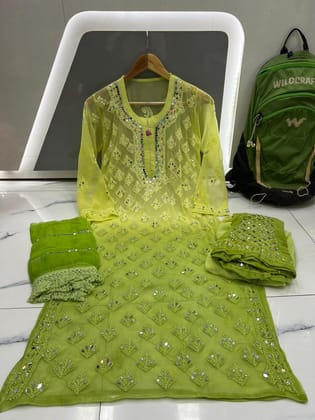 Elegant lime Green Mirror Chikankari Handmade Kurti Set-36 / Lime Green