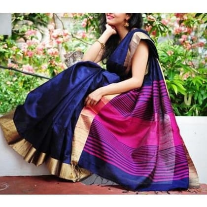 Blooming Blue and Pink printed silk Sari J-88