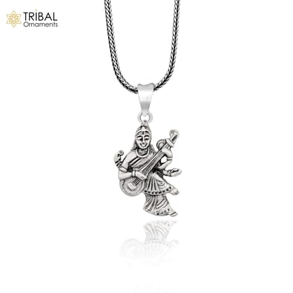925 sterling silver handmade goddess sarashwati or saraswati maa pendant, best student pendant for pray  nsp695-Only Pendant / Silver