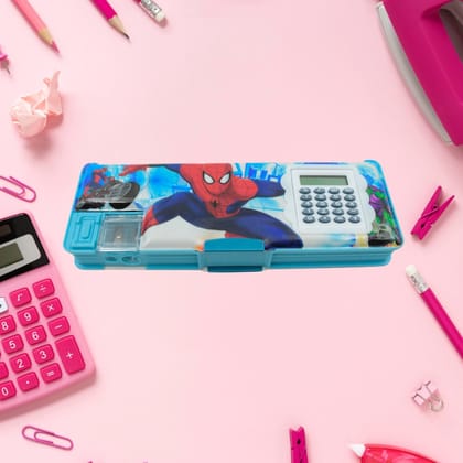 4260 Art & Stationery Cartoon Multi-functional Geometry Box for Boys with Inbuilt Calculator, 2 Sides Open and Double Sharpener Stationery Kit Pencil Box for Boys Art Plastic Pencil Box  for Girl