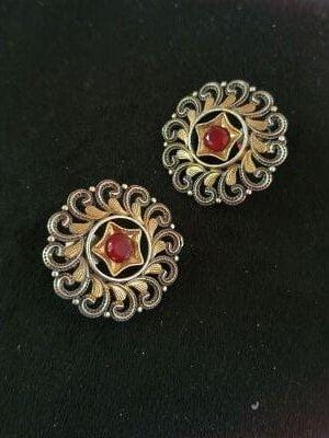 Dual-Tone Oxidized Floral Round Stud Earrings with Elegance | Sarichka-Red