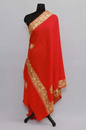 Red Colour Semi Pashmina Shawl Enriched With Ethnic Golden Tilla Embroidery With Running border-Semi pashmina / length 80 inch Width 40 inch / Dry Clean only